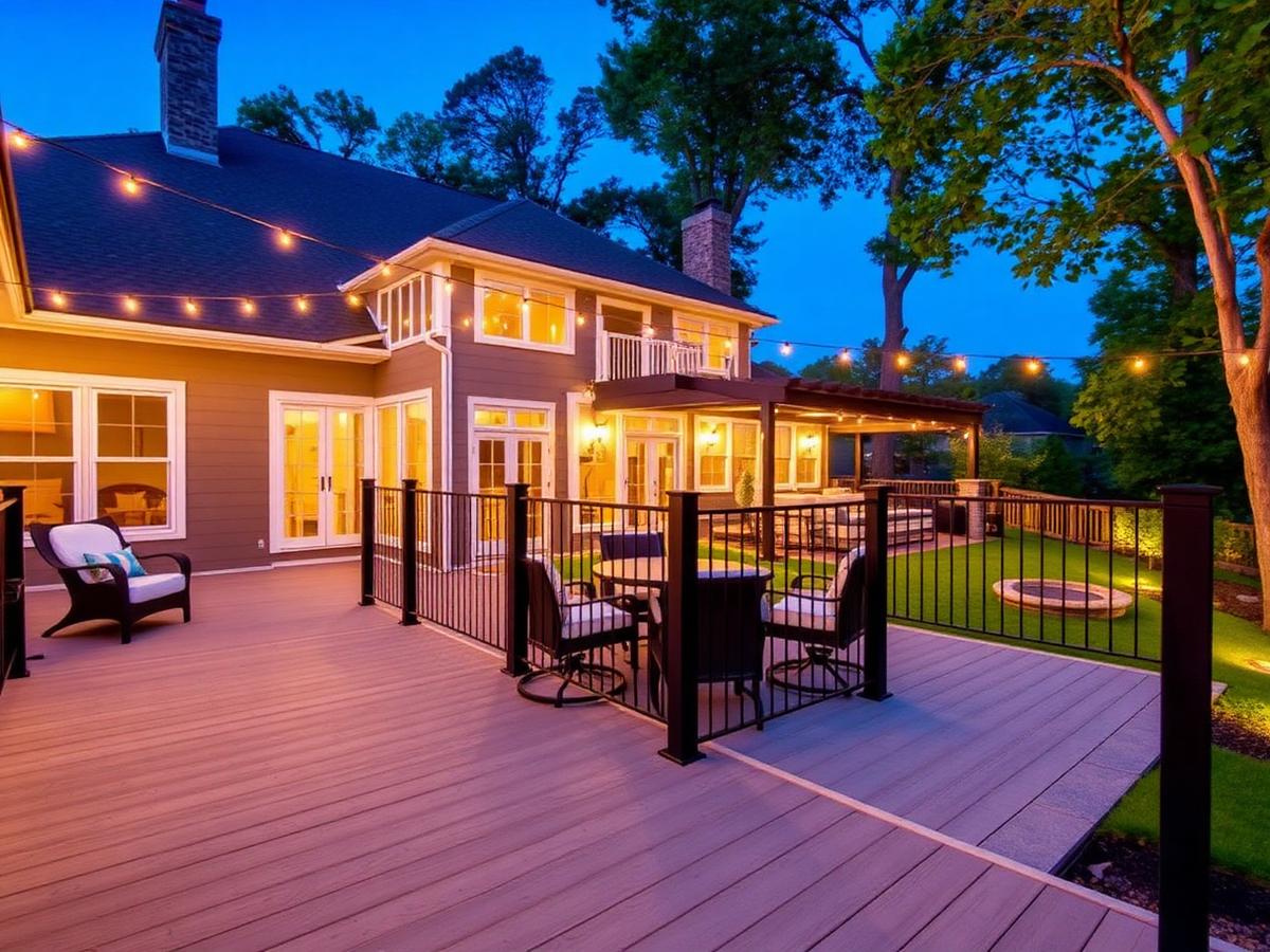 Elevated composite deck with stairs and black railing